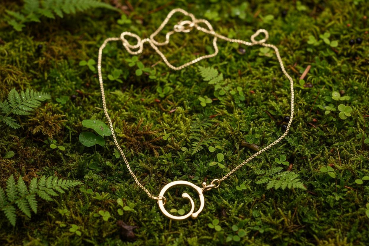 Nicalåset på tunn venetziakedja 18k rödguld på mossa