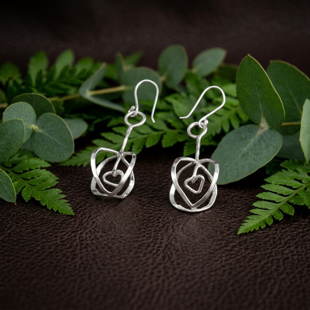 Ett par hängande Decemberblomman-örhängen i silver bland gröna blad