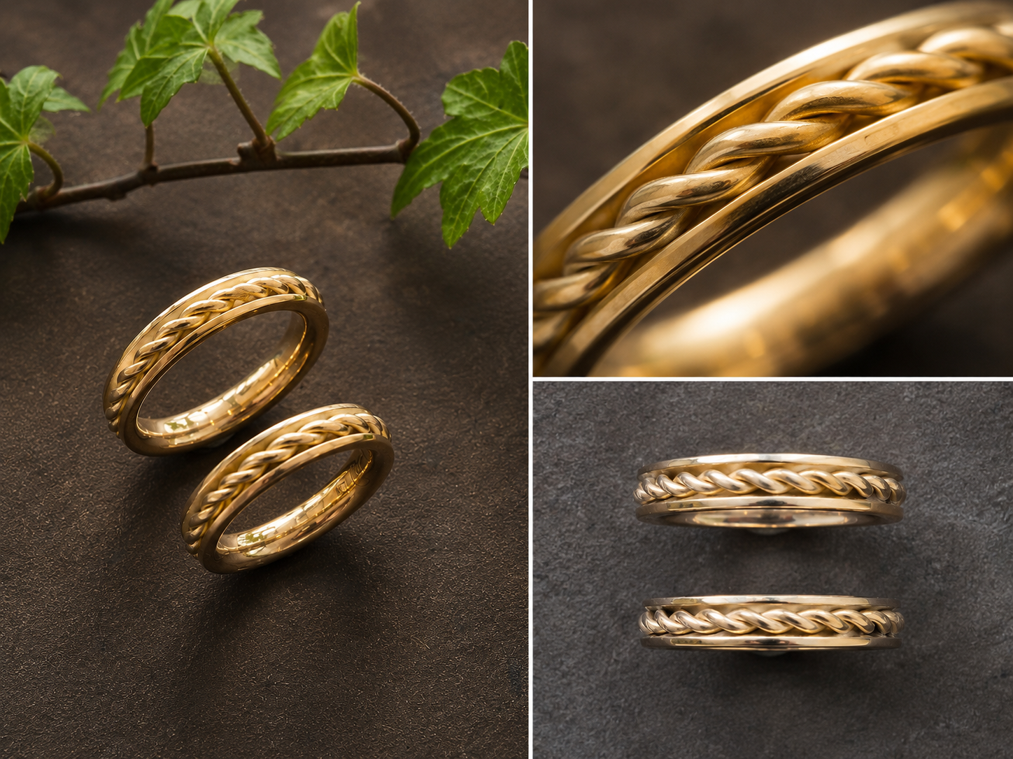 Detaljbilder av handsmidd randig ring i 18k rödguld